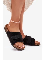 Klapki Damskie Z Rzepem Na Korkowej Platformie Czarne Baylin