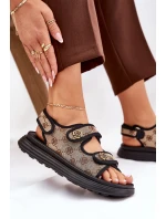 Damskie Wzorzyste Materiałowe Sandały Ze Złotymi Detalami Beżowo-Czarne Pefese