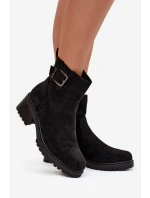 Ocieplane Botki Damskie Na Niskim Obcasie Klocku Z Klamrą Czarne  Helvina