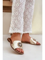 Skórzane Klapki Z Ozdobą Na Płaskim Obcasie Zazoo 3047/O Złote