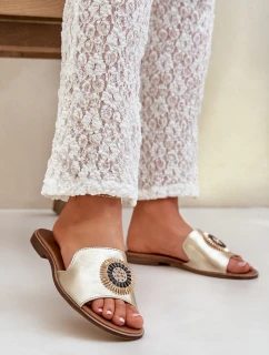 Skórzane Klapki Z Ozdobą Na Płaskim Obcasie Zazoo 3047/O Złote