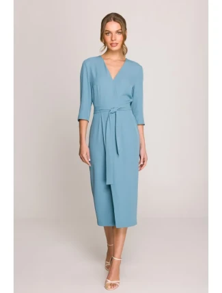 S396 Šaty so zavinovacími detailmi v strednej dĺžke - nebesky modré S396 Šaty so zavinovacími detailmi v strednej dĺžke - nebesky modré