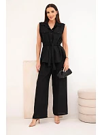 Dámsky komplet s uzlovou blúzkou a širokými nohavicami čiernej farby Dámsky komplet s uzlovou blúzkou a širokými nohavicami čiernej farby