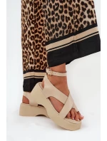 Sandały Damskie Na Platformie I Koturnie Eko Skórzane Beżowe Tenzorus