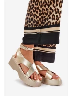 Sandały Damskie Na Platformie I Koturnie Eko Skórzane Złote Tenzorus