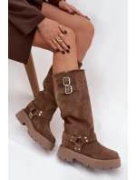 Kožené semišové dámské kozačky s přezkami zateplené Big Star OO274A182 béžové