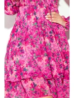 410-3 MONICA šifónové šaty s viazaným výstrihom - PINK FLOWERS