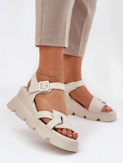 Skórzane Sandały Damskie Na Koturnie Artiker 54C1624 Beżowe