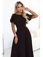 694-2 MIRELLA Elegantné maxi šaty so rozšíreným strihom a flitrovými rukávmi – čokoládovo hnedá 694-2 MIRELLA Elegantné maxi šaty so rozšíreným strihom a flitrovými rukávmi – čokoládovo hnedá