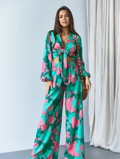 Zelená súprava - blúzka na zaväzovanie so širokými nohavicami (8175)