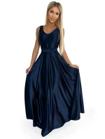 508-1 CINDY dlhé saténové šaty s výstrihom a mašľou - ZELENÉ