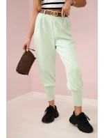 Nohavice s opaskom a vreckami z maslovej tkaniny tmavej mentolovej farby