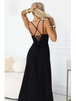 589-5 Maxi šaty bez ramienok s korzetovým zaväzovaním vzadu a rozparkom - čierne