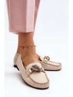 Skórzane Mokasyny Damskie Z Ozdobą Laura Messi 2761 Jasnobeżowe