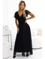 562-3 NASTIA Dlhé šaty s výstrihom a krátkymi rukávmi - BLACK