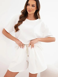 Dámsky viskózový set s krátkymi rukávmi a šortkami s vysokým pásom ecru