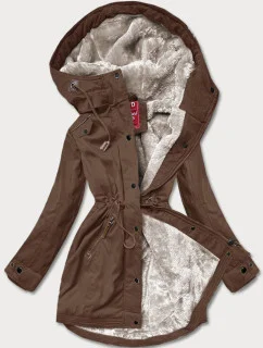 Dámska zimná bunda s vložkami z ekokože hnedá (2M-21A93)