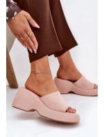 Eko Zamszowe Klapki Damskie Na Platformie I Koturnie Różowe Afisal