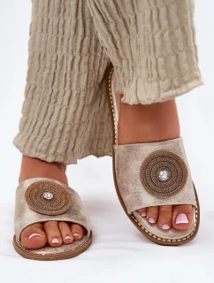 Klapki Damskie Na Płaskim Obcasie Z Ozdobą S.Barski KV51-013 Złote