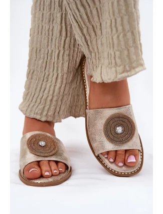 Klapki Damskie Na Płaskim Obcasie Z Ozdobą S.Barski KV51-013 Złote