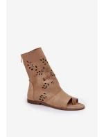 Zazoo 3437 Damskie Zamszowe Sandały Z Cholewką Na Zamek Beżowe