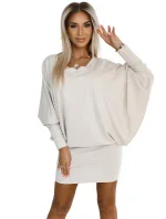 402-7 Sveter teplé netopierie šaty s výstrihom - béžové