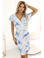 479-8 Šaty NINA s obálkovým výstrihom, rukávmi a opaskom - BLUE FLOWERS