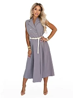 596-5 Elegantná midi košeľa so zlatými gombíkmi a opaskom - sivá 596-5 Elegantná midi košeľa so zlatými gombíkmi a opaskom - sivá