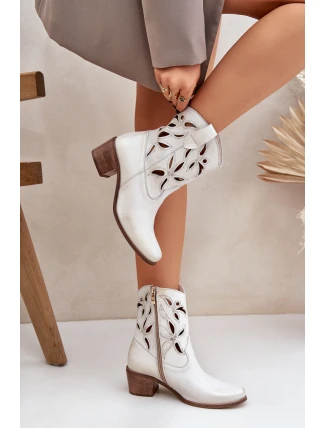 Skórzane Ażurowe Botki Na Obcasie Zazoo 3621 Złoty Przecierany