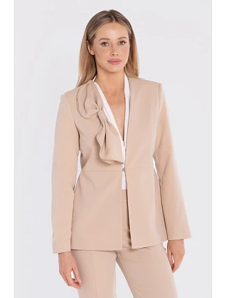 S432 Elegantné sako s ozdobnou mašľou - béžové