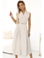 596-1 Elegantná midi košeľa so zlatými gombíkmi a opaskom - BEACH