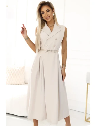 596-1 Elegantná midi košeľa so zlatými gombíkmi a opaskom - BEACH