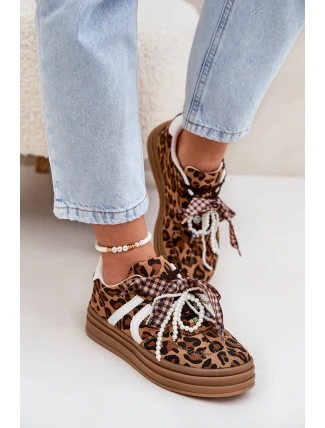 Sneakersy Damskie W Panterkę Na Platformie Z Ozdobami Brązowe Vinness