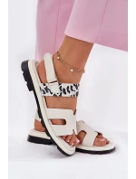 Skórzane Sandały Damskie Na Płaskim Obcasie Panterka Vinceza 66780 Beżowe