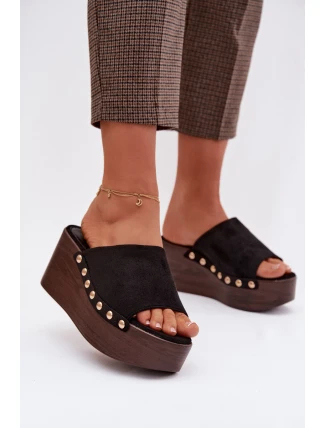 Dámské nazouváky na platformě se zlatými přezkami Eko semiš Černé Helivina