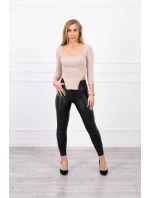 Blúzka s rebrovaným výstrihom tmavo béžová