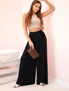 Dámske široké viskózové nohavice s elastickým pásom čierne