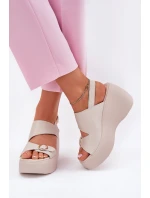 Skórzane Sandały Damskie Na Koturnie I Platformie S.Barski LR51-540 Beżowe Skórzane Sandały Damskie Na Koturnie I Platformie S.Barski LR51-540 Beżowe