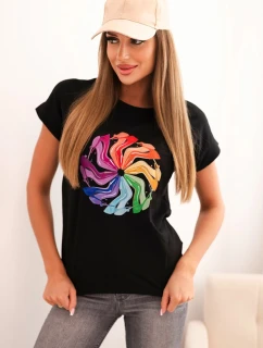 Dámska bavlnená blúzka s krátkymi rukávmi a farebnou potlačou čierna