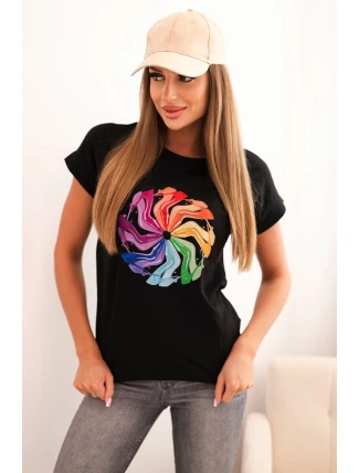 Dámska bavlnená blúzka s krátkymi rukávmi a farebnou potlačou čierna