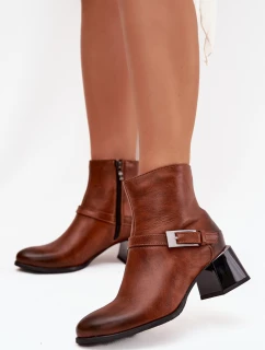 Skórzane Botki Damskie Na Obcasie Z Klamrą Zazoo 60562 Brązowe