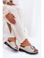 Skórzane Klapki Damskie Z Ozdobą S.Barski LR51-662 Beżowe