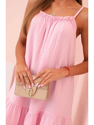 Dámske mušelínové šaty s ramienkami a volánom candy pink