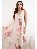 Dámske bavlnené oversize šaty s výstrihom do V a kvetinovou potlačou v béžovej farbe