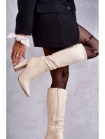 Klasyczne Zamszowe Kozaki Na Obcasie Beżowe Tressa