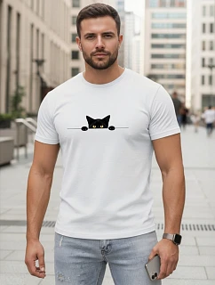 Pánske bavlnené tričko s motívom mačky biele FashionStreet NX5102R