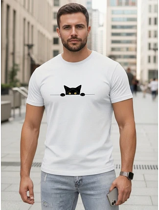 Pánske bavlnené tričko s motívom mačky biele FashionStreet NX5102R