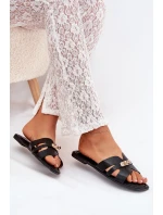 Płaskie Klapki Damskie Z Paseczkiem I Złotym Detalem Czarne Kerenza