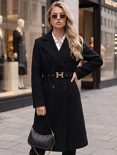 Elegantný čierny dámsky dvojradový kabát s opaskom FashionStreet NY0791