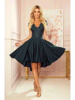 300-5 PATRICIA - šaty s dlhším zadným dielom a čipkovým výstrihom - BOTTLE GREEN
